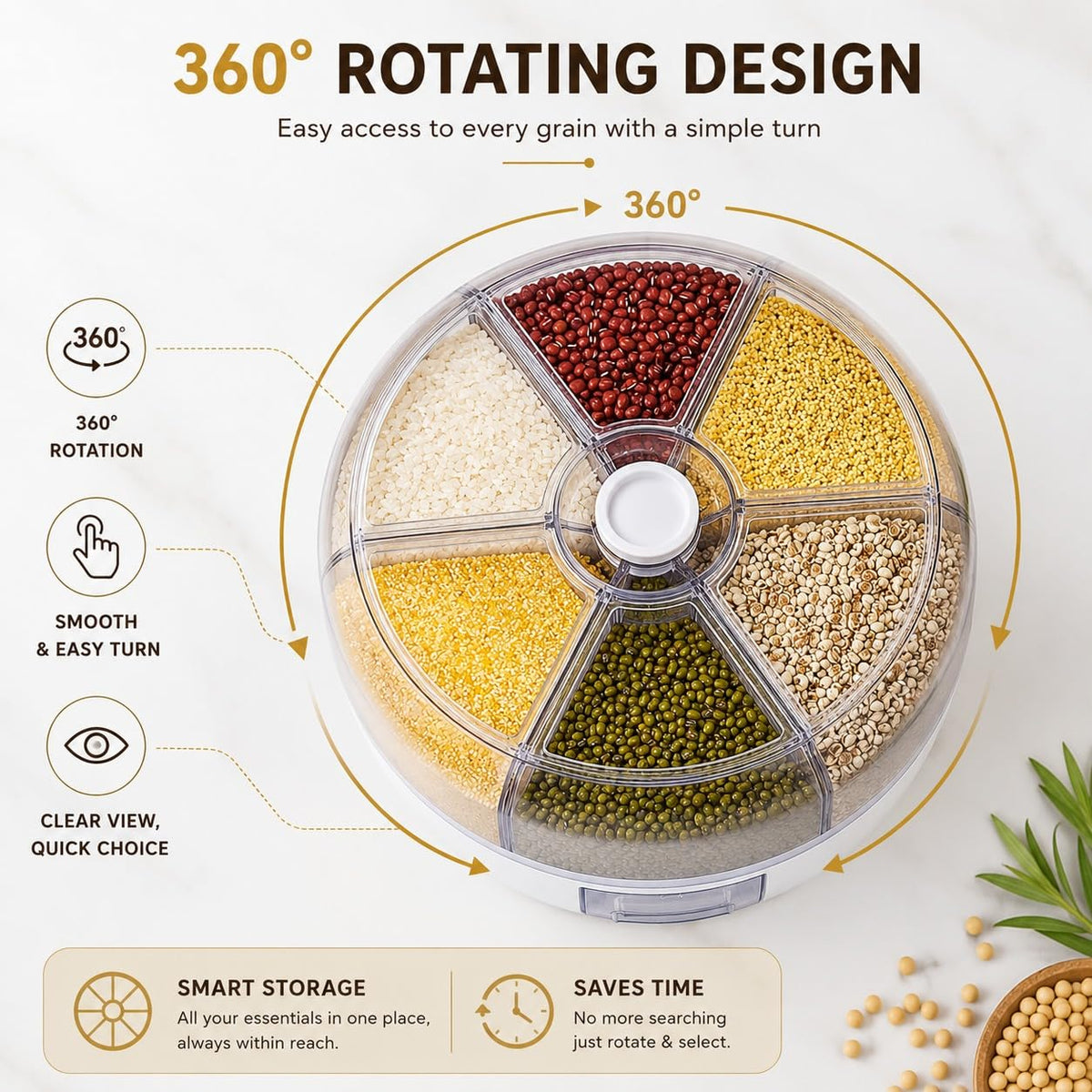 6-Grid Rotating Food Dispenser - Rice Bucket Storage Tank, Cereal Dispenser
