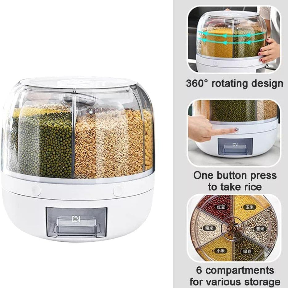 6-Grid Rotating Food Dispenser - Rice Bucket Storage Tank, Cereal Dispenser