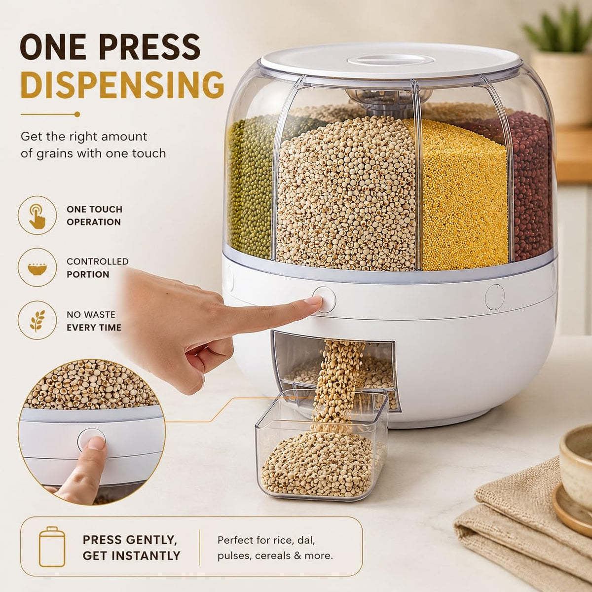 6-Grid Rotating Food Dispenser - Rice Bucket Storage Tank, Cereal Dispenser