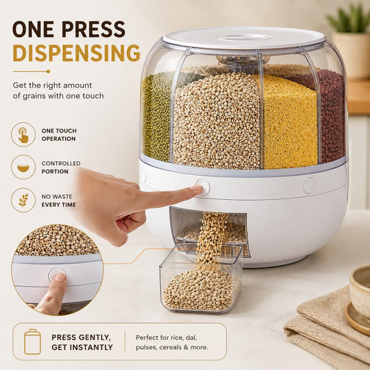 6-Grid Rotating Food Dispenser - Rice Bucket Storage Tank, Cereal Dispenser